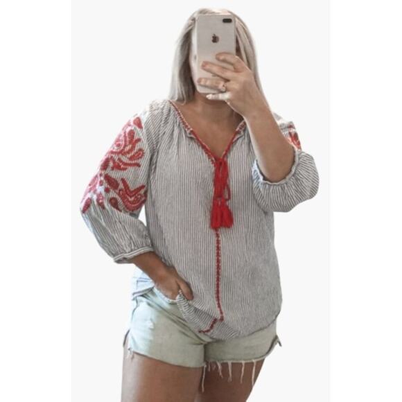 Solitaire Blue Red Stripe Embroidered Blouse Women's Size Small Pullover Longer - Picture 7 of 8